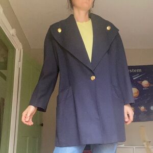 Vtg 80s Guy Laroche Paris Boutique navy wool cashmere coat blazer gold buttons